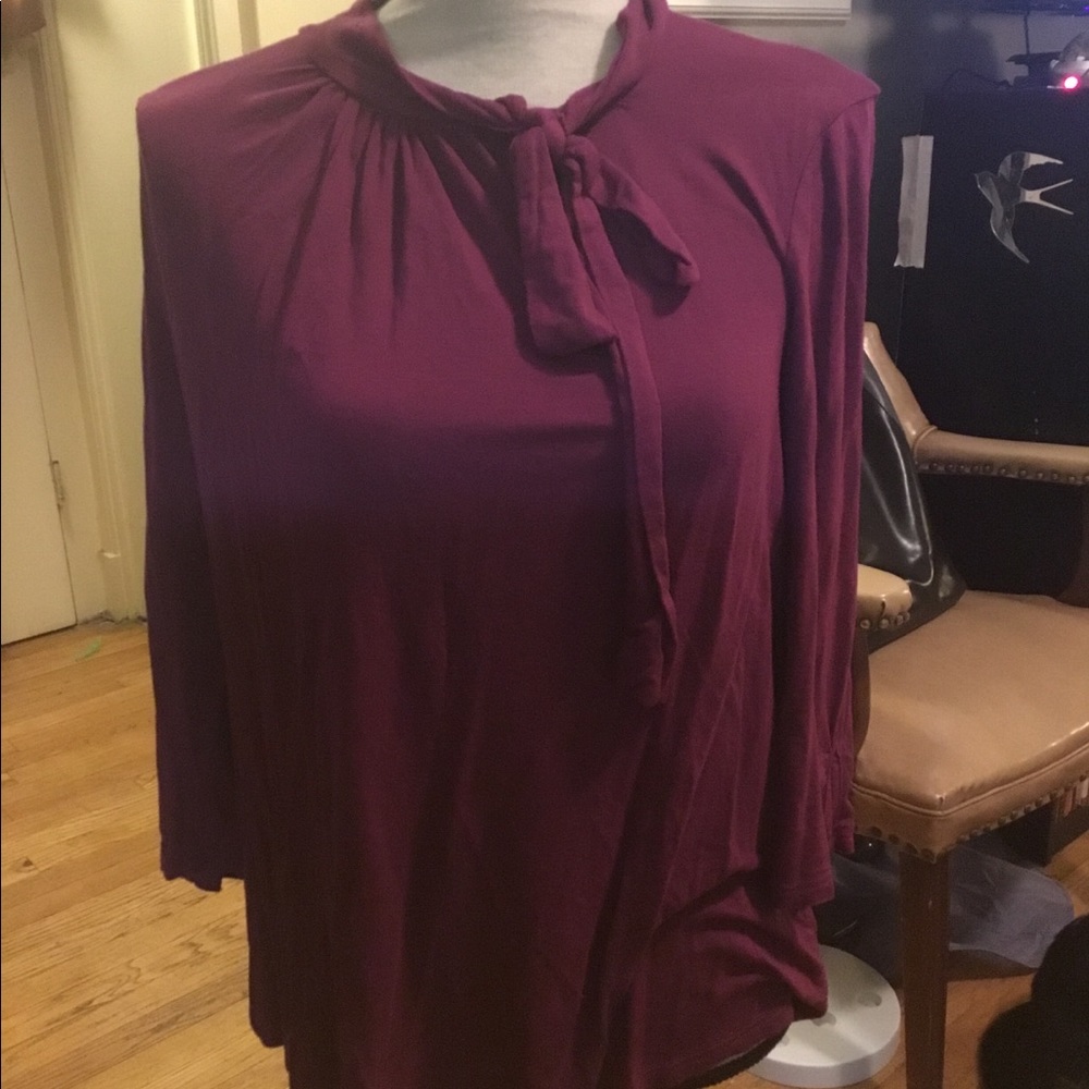 3/4 length sleeve, tie-neck knit blouse.